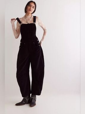 We The Free Good Luck Barrel Cord Overalls Black, L, Utility, Free People, Boho